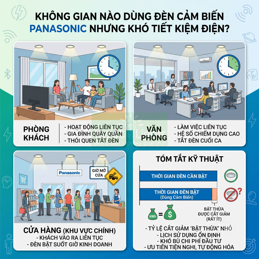 Infographic đèn cảm biến Panasonic cho phòng khách, văn phòng, cửa hàng và tóm tắt kỹ thuật tiết kiệm điện
