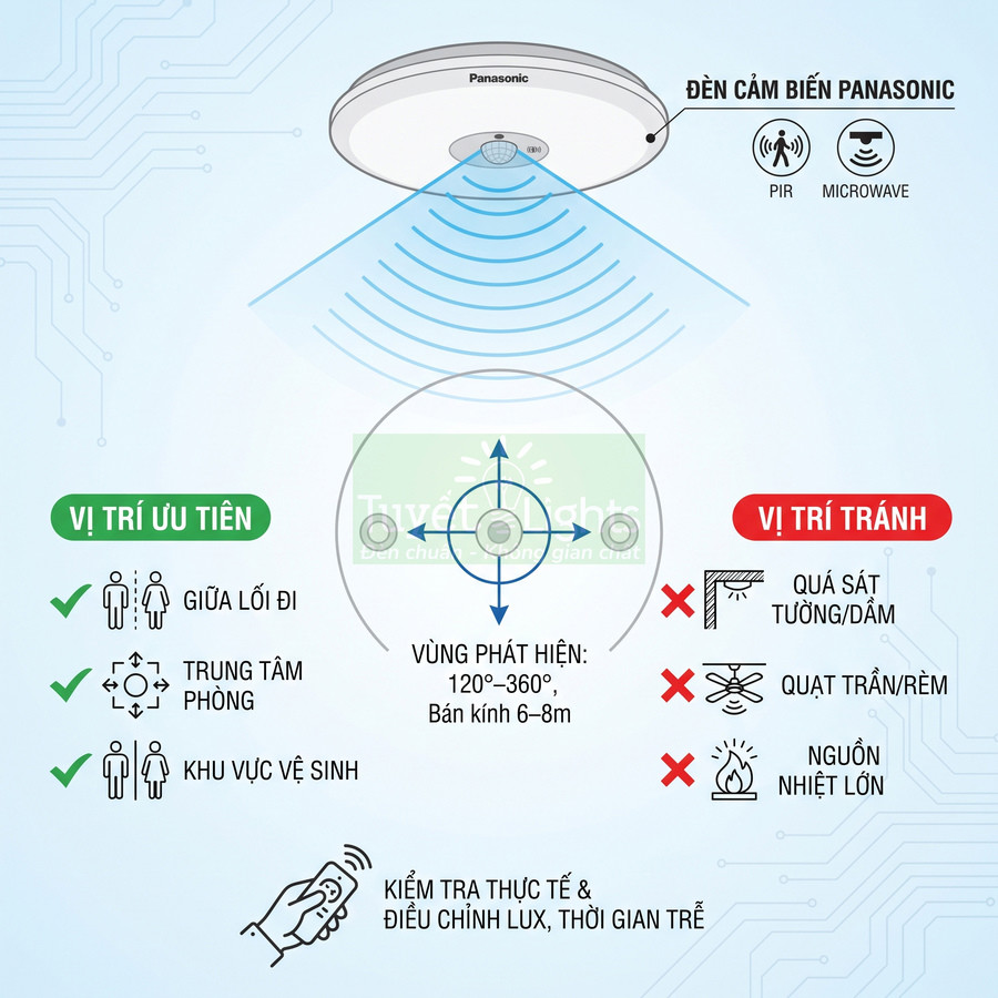 Đèn cảm biến trần Panasonic PIR microwave, minh họa vùng phát hiện và vị trí lắp đặt ưu tiên, vị trí cần tránh