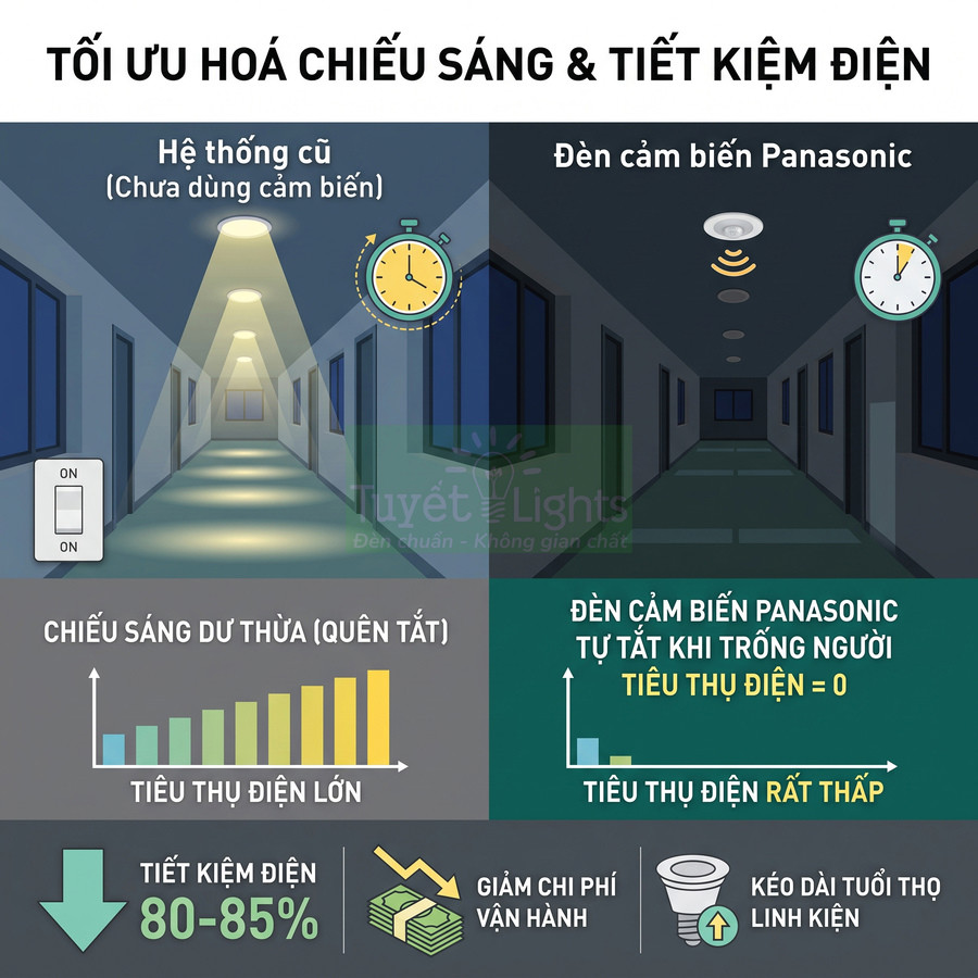 Đèn cảm biến Panasonic cho hành lang tự tắt khi không có người, giúp tiết kiệm điện 80-85%