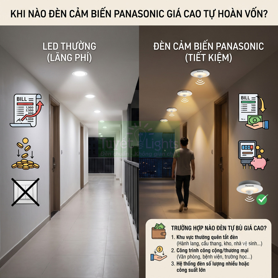 So sánh đèn LED thường và đèn cảm biến Panasonic tiết kiệm điện cho hành lang chung cư