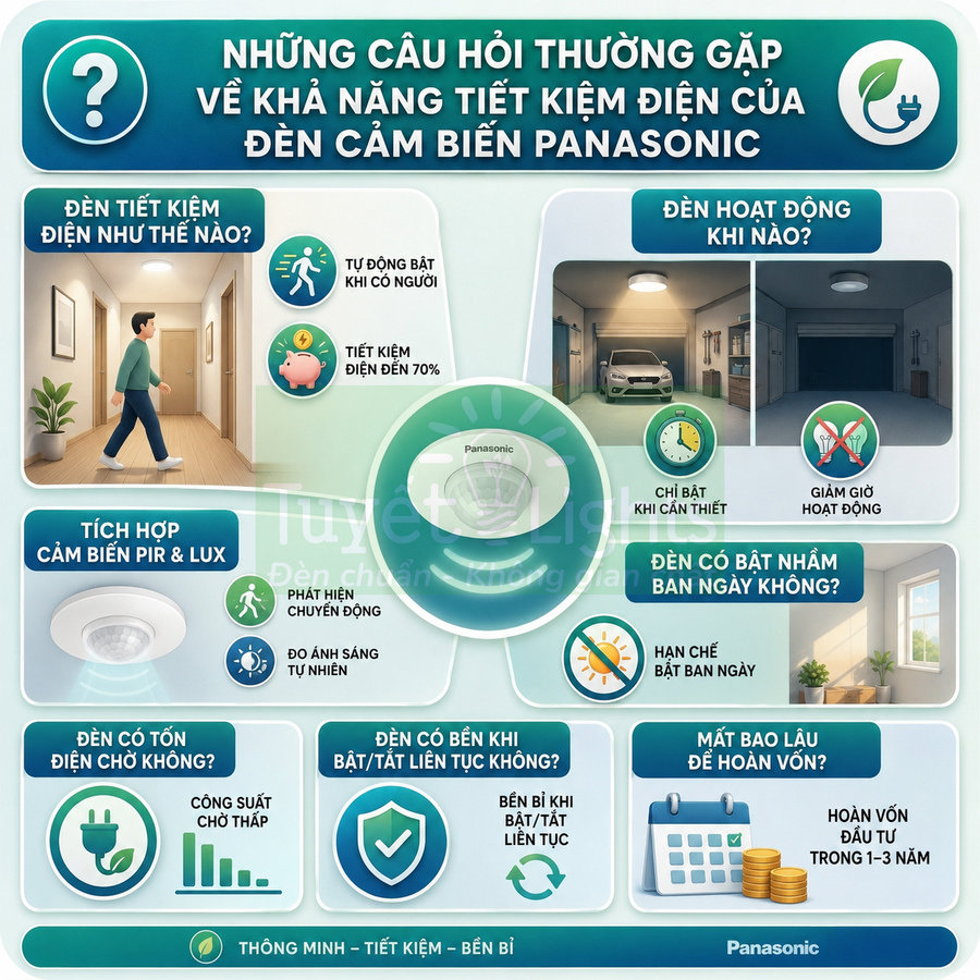 Infographic giới thiệu đèn cảm biến tiết kiệm điện Panasonic với tính năng tự động bật tắt và cảm biến PIR LUX
