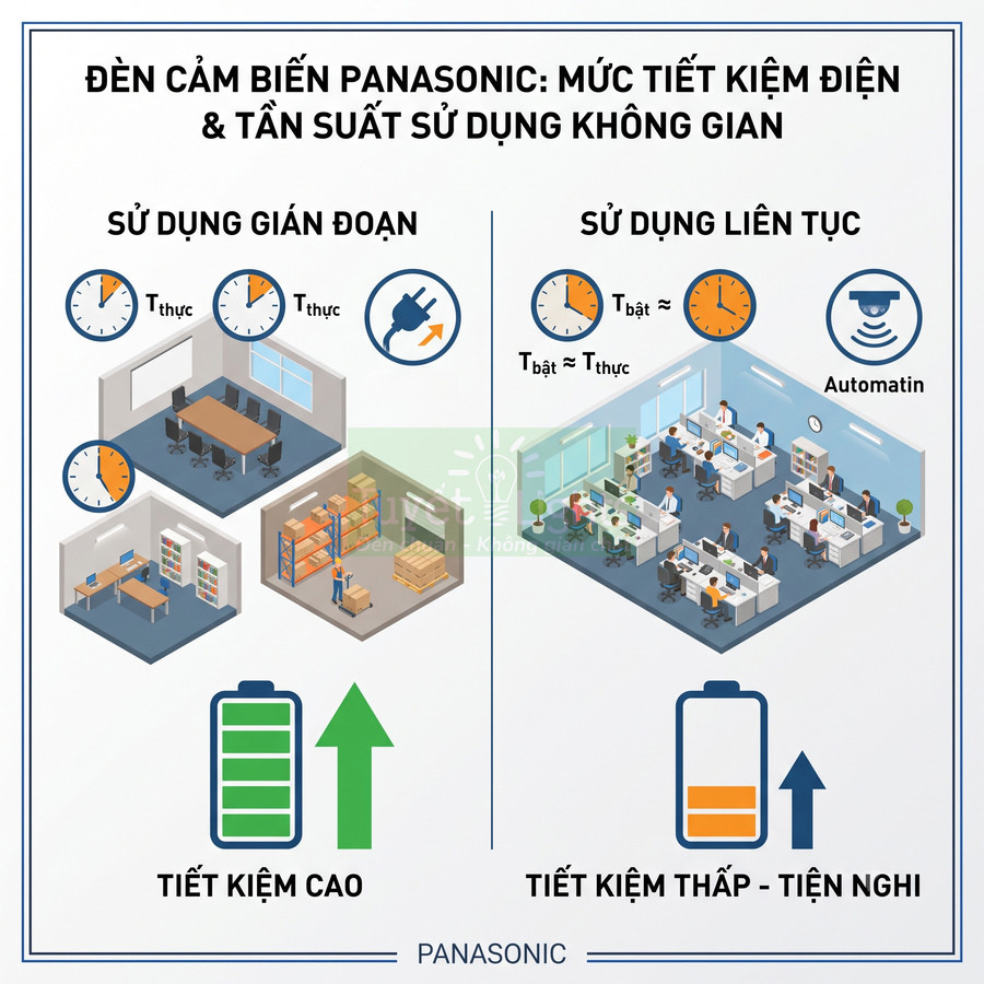 Đèn cảm biến Panasonic tiết kiệm điện cho văn phòng và kho với hai chế độ sử dụng không gian