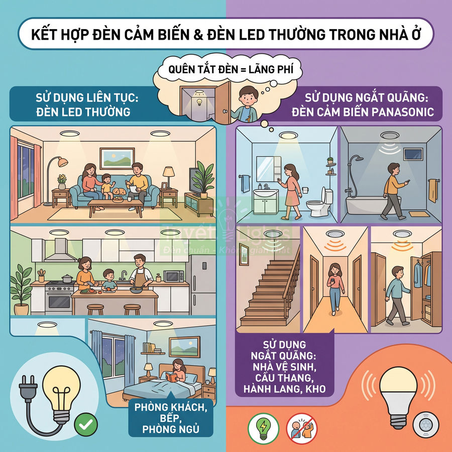 Minh họa sử dụng đèn cảm biến Panasonic kết hợp đèn LED thường cho phòng khách, bếp, phòng ngủ và khu vực cầu thang, hành lang