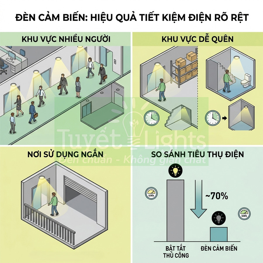 Minh họa đèn cảm biến tự động bật tắt tiết kiệm điện cho hành lang, nhà kho, nhà vệ sinh và gara