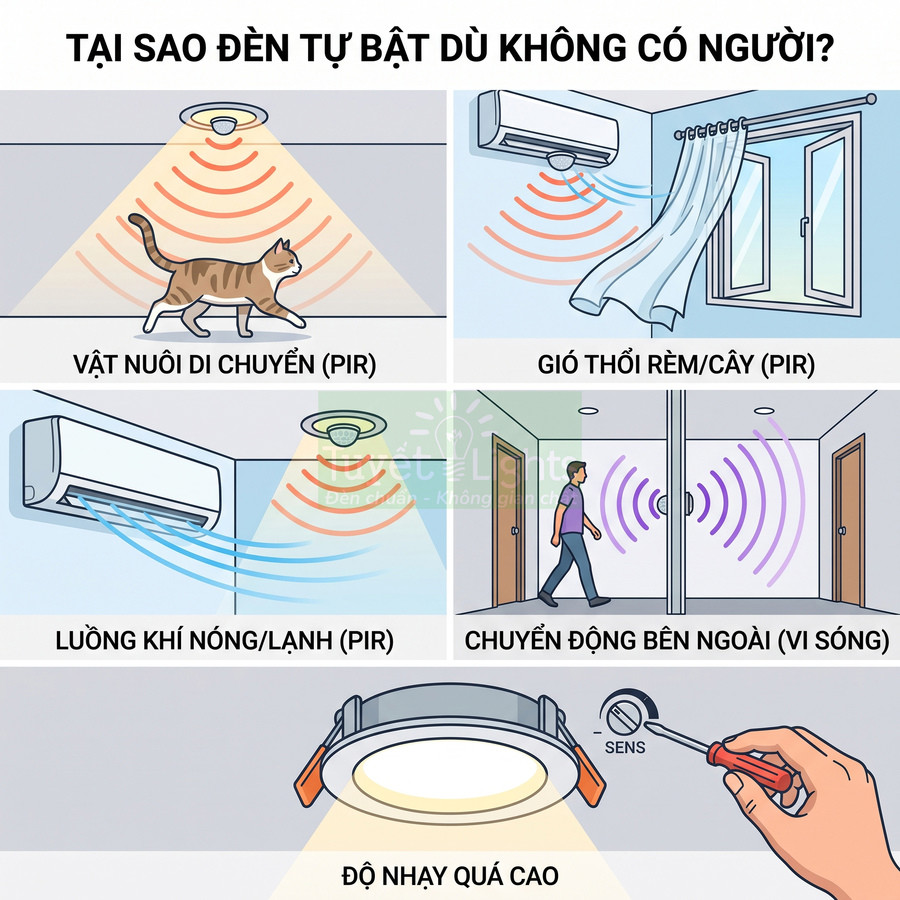 Nguyên nhân đèn cảm biến tự bật không có người như vật nuôi, gió rèm, luồng khí, chuyển động ngoài và độ nhạy quá cao