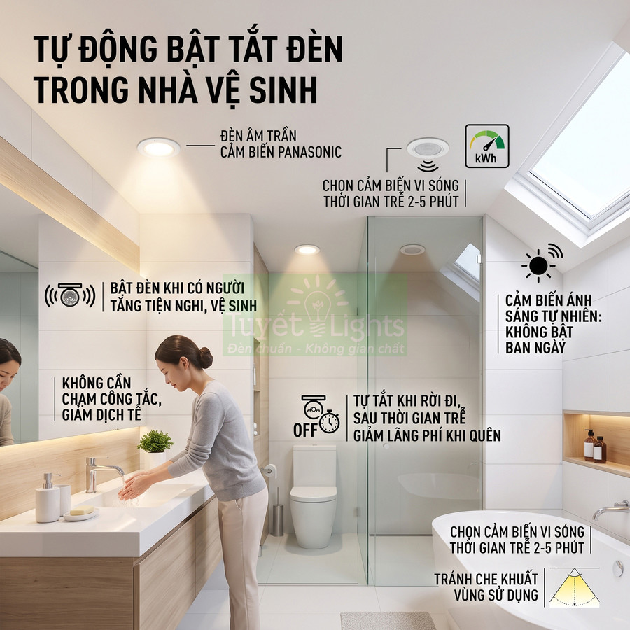 Đèn âm trần cảm biến Panasonic tự động bật tắt trong nhà vệ sinh hiện đại, tiện lợi và tiết kiệm điện