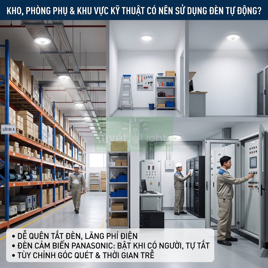 Đèn cảm biến Panasonic chiếu sáng tự động cho kho hàng và phòng kỹ thuật với nhân viên đang làm việc