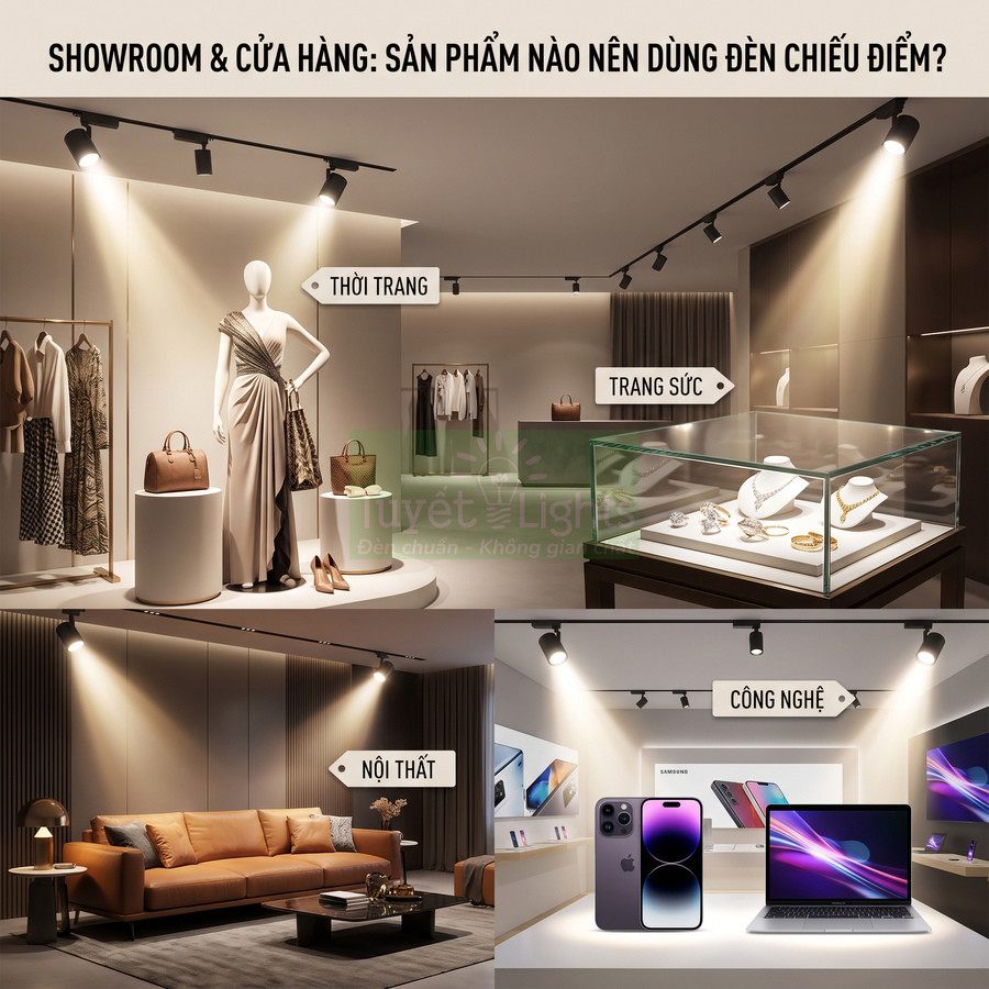 Đèn chiếu điểm cho showroom trưng bày thời trang, trang sức, nội thất và khu công nghệ với iPhone và MacBook