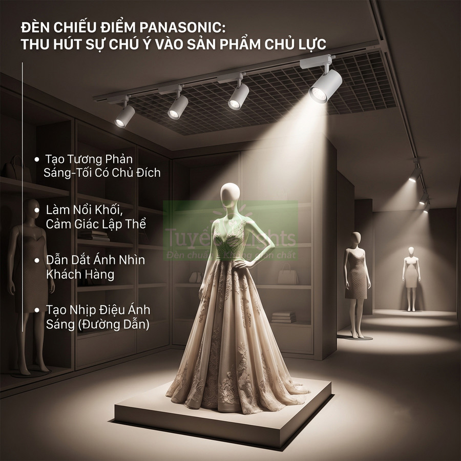 Đèn chiếu điểm Panasonic rọi sáng ma nơ canh váy dạ hội trong cửa hàng thời trang cao cấp
