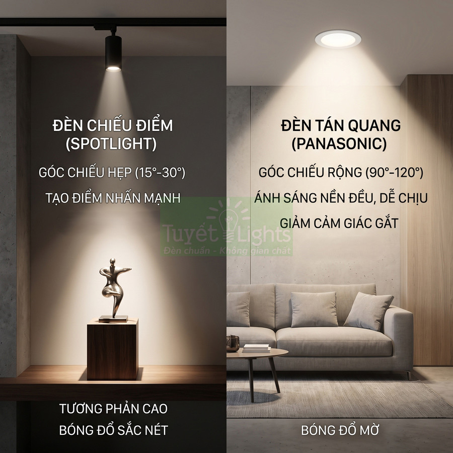 So sánh đèn chiếu điểm spotlight và đèn tán quang Panasonic trong phòng khách hiện đại