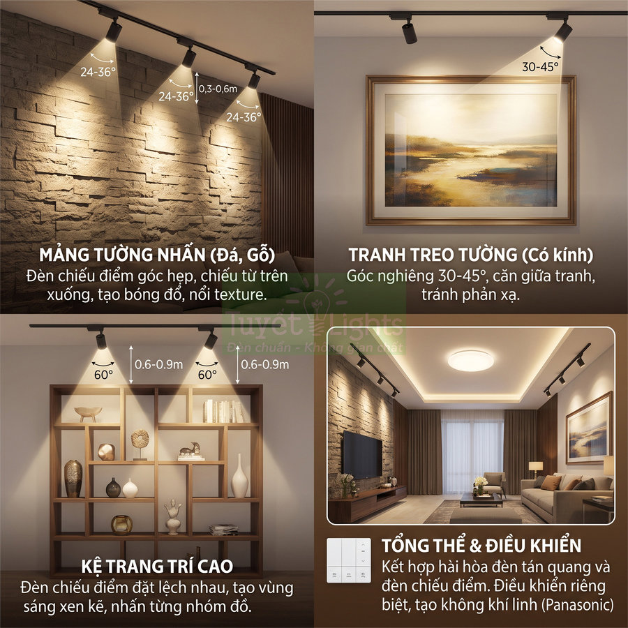 Đèn rọi ray chiếu điểm trang trí phòng khách, làm nổi bật mảng tường đá, kệ gỗ và tranh treo tường hiện đại