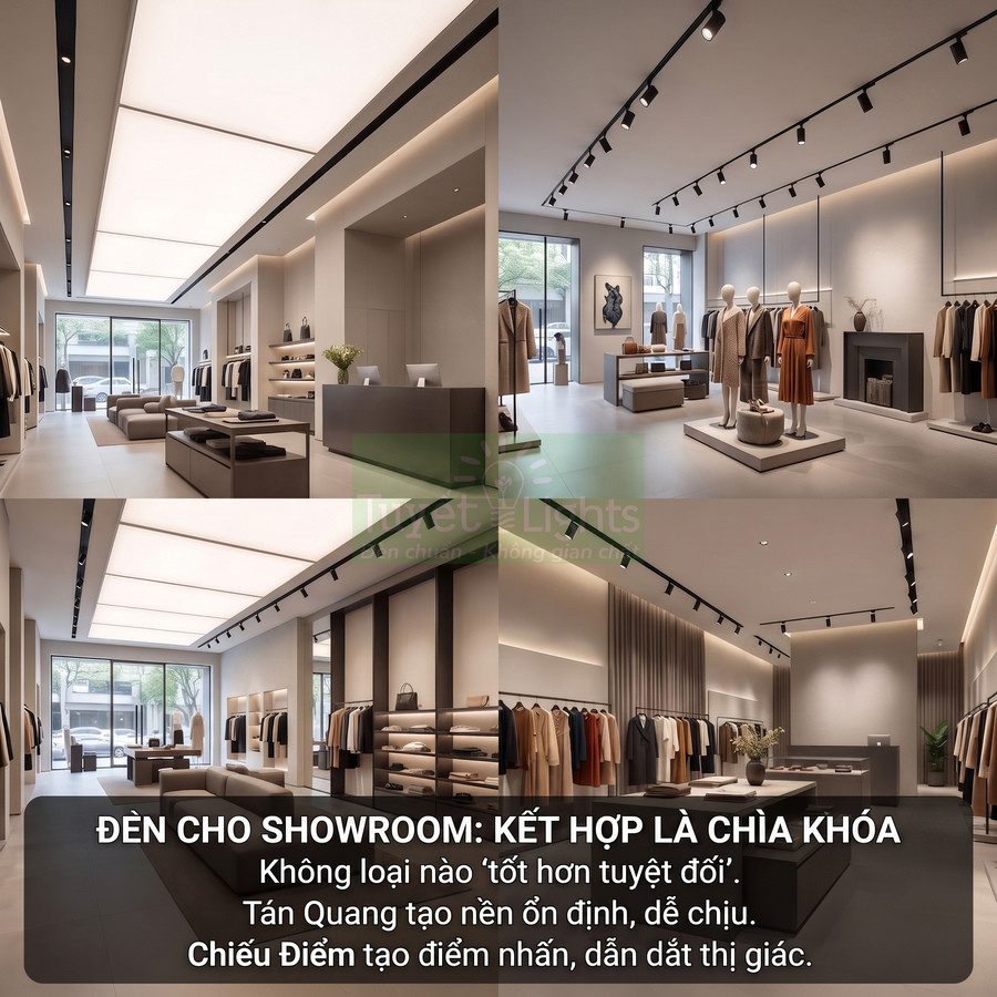 Đèn chiếu sáng showroom thời trang cao cấp với hệ thống đèn trần và đèn rọi tạo không gian sang trọng