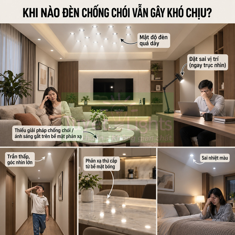 Đèn LED âm trần và đèn bàn gây chói mắt trong phòng khách, phòng làm việc, hành lang và phòng ngủ