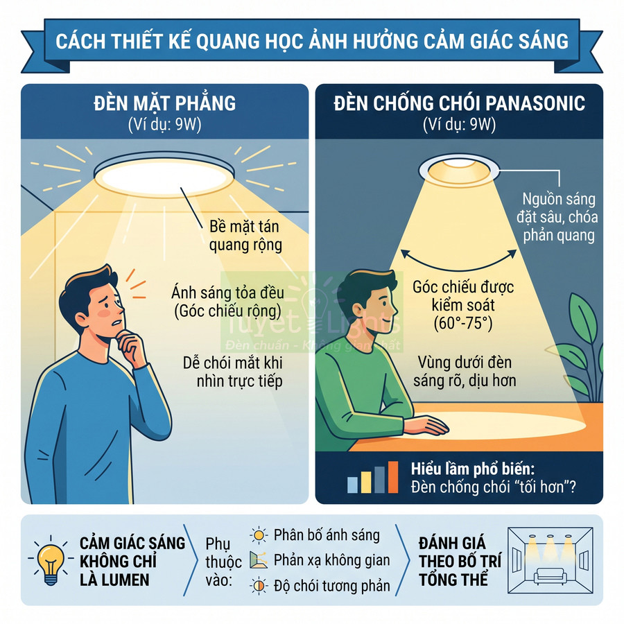 So sánh đèn mặt phẳng và đèn chống chói Panasonic 9W về góc chiếu, độ chói và cảm giác sáng