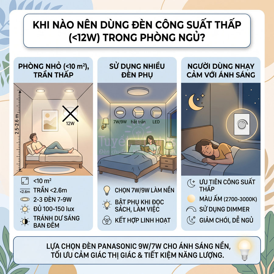 Infographic hướng dẫn chọn đèn ngủ Panasonic công suất thấp 7W 9W cho phòng nhỏ, nhiều đèn phụ và người nhạy sáng