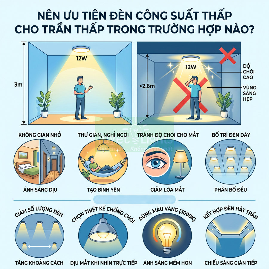 Minh họa hướng dẫn chọn đèn trần công suất thấp 12W cho trần nhà thấp, tạo ánh sáng dịu và chống chói