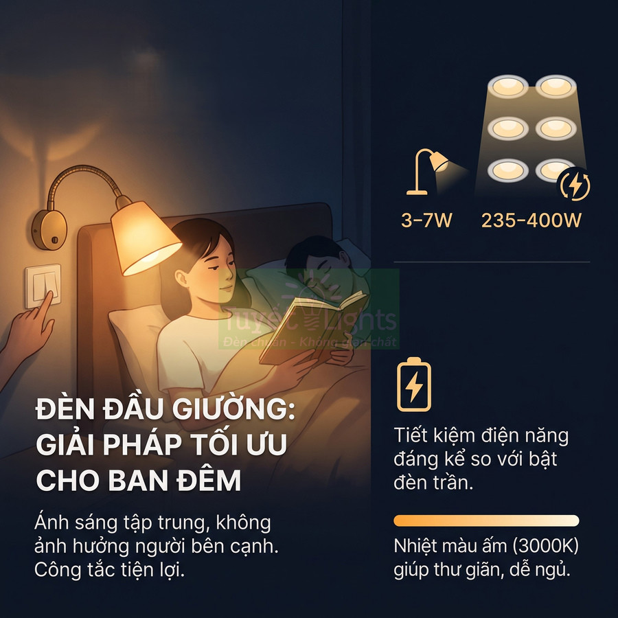 Đèn đầu giường ánh sáng vàng ấm cho người đọc sách ban đêm, tiết kiệm điện và không làm chói mắt người bên cạnh