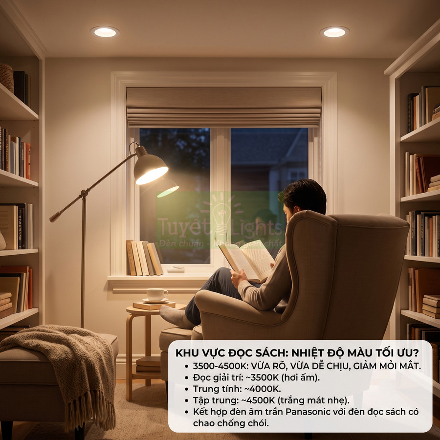 Góc đọc sách trong phòng khách với đèn sàn và đèn âm trần Tuyết Lights chiếu sáng ấm áp