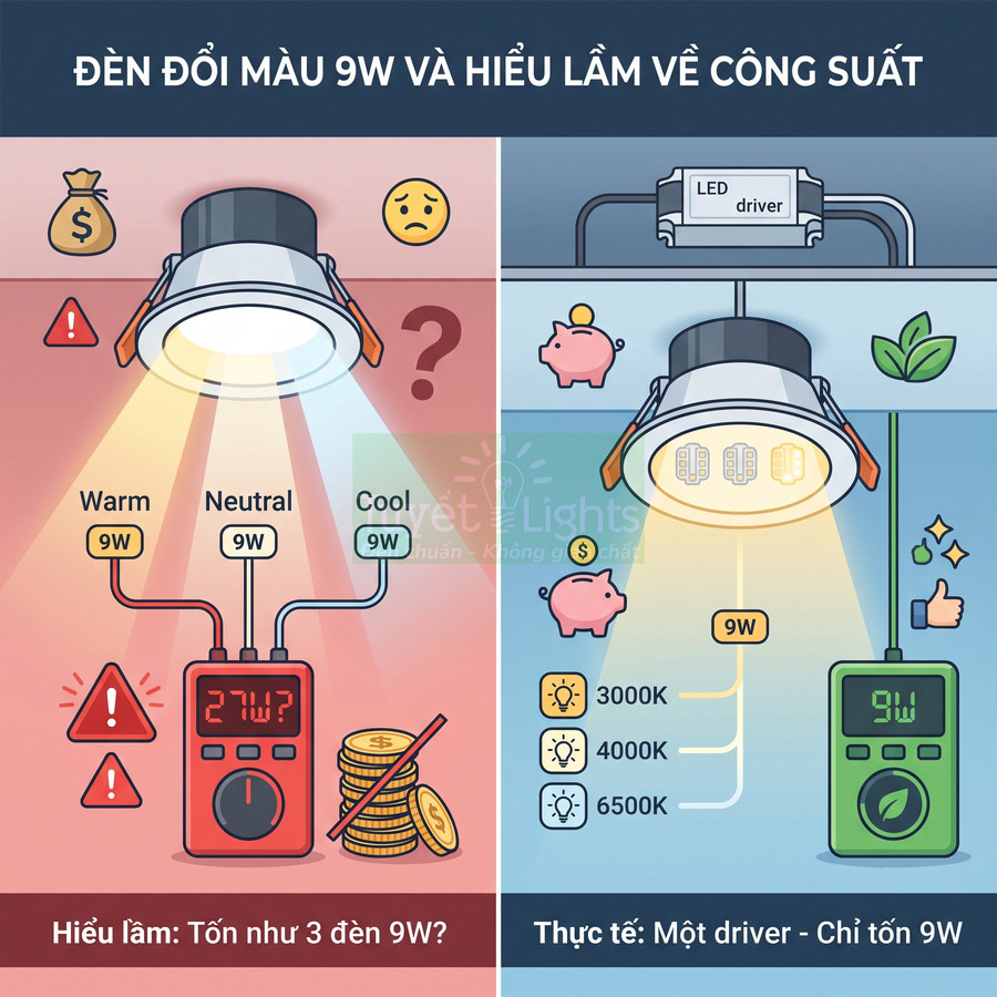 Đèn LED đổi màu 9W minh họa hiểu lầm và thực tế về công suất tiêu thụ tiết kiệm điện
