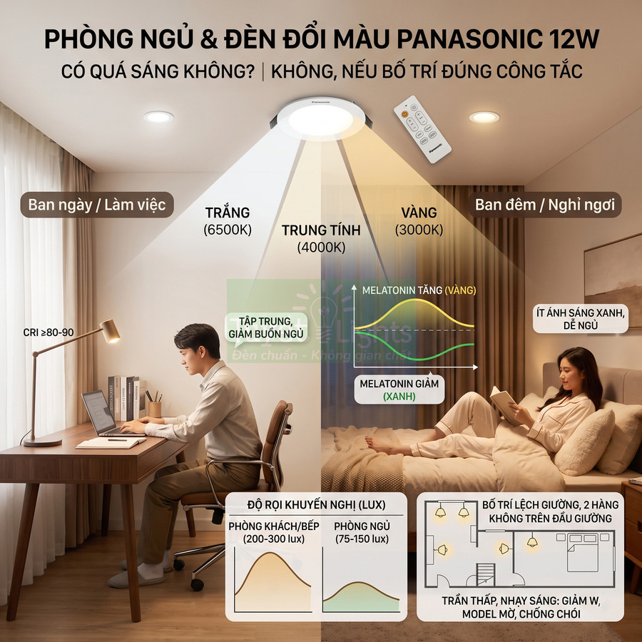 Đèn trần đổi màu Panasonic 12W chiếu sáng phòng ngủ với hai chế độ làm việc và nghỉ ngơi