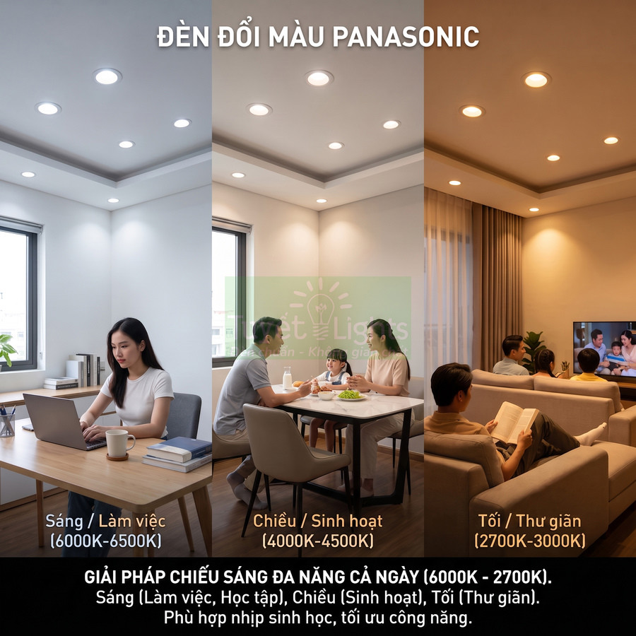 Đèn đổi màu Panasonic chiếu sáng phòng khách và phòng làm việc với ba chế độ sáng linh hoạt