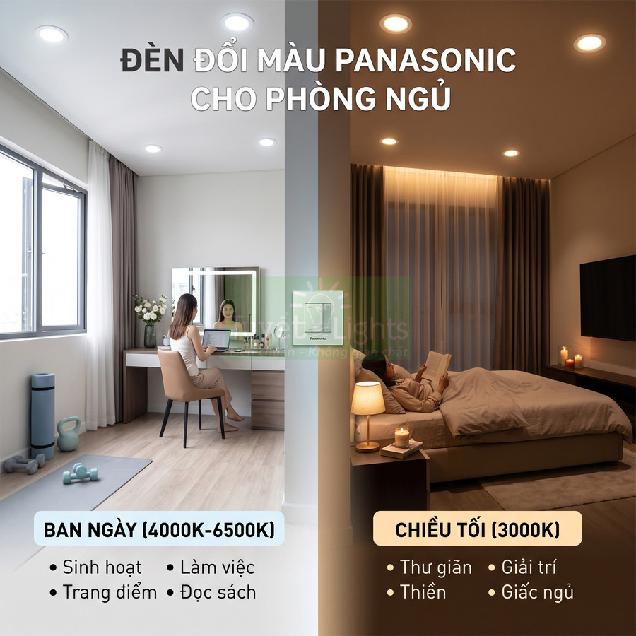 Đèn đổi màu Panasonic cho phòng ngủ với hai chế độ ánh sáng ban ngày và chiều tối