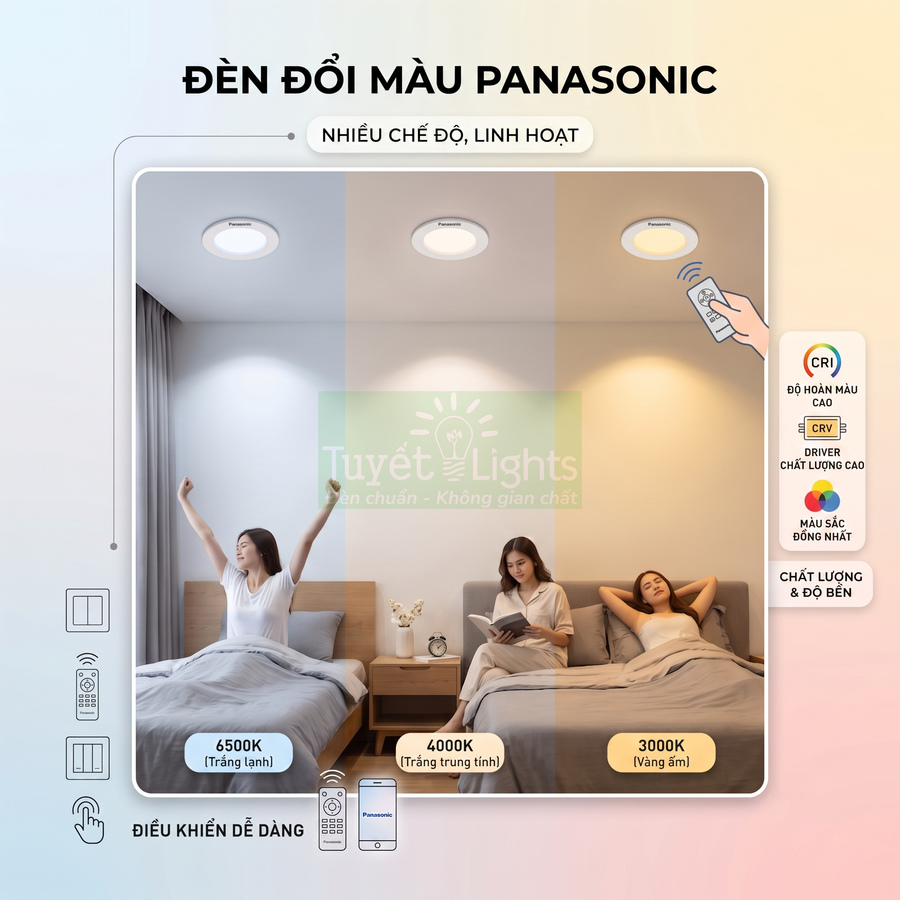 Đèn trần đổi màu Panasonic cho phòng ngủ, điều khiển từ xa với ba chế độ ánh sáng 6500K 4000K 3000K
