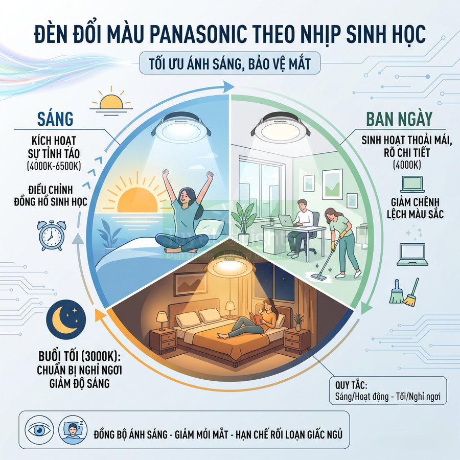 Đèn đổi màu Panasonic theo nhịp sinh học cho phòng ngủ và phòng làm việc, tối ưu ánh sáng bảo vệ mắt