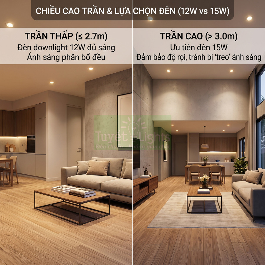 So sánh phòng khách trần thấp và trần cao sử dụng đèn downlight Tuyết Lights 12W và 15W