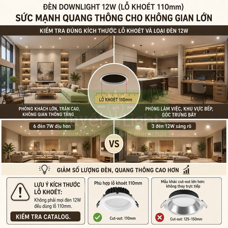 Đèn downlight âm trần 12W lỗ khoét 110mm chiếu sáng phòng khách lớn và khu vực làm việc hiện đại