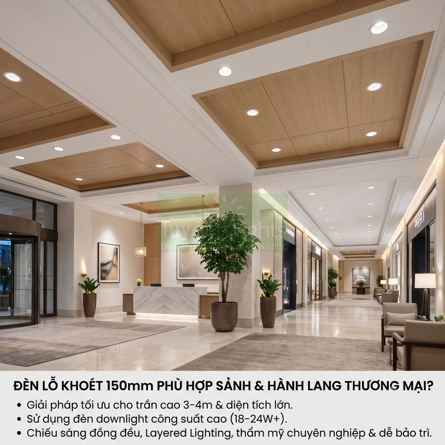Đèn downlight âm trần lỗ khoét 150mm chiếu sáng sảnh và hành lang thương mại hiện đại