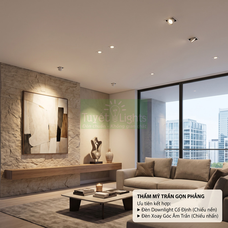 Đèn downlight âm trần Tuyết Lights chiếu sáng phòng khách hiện đại với trần phẳng gọn gàng