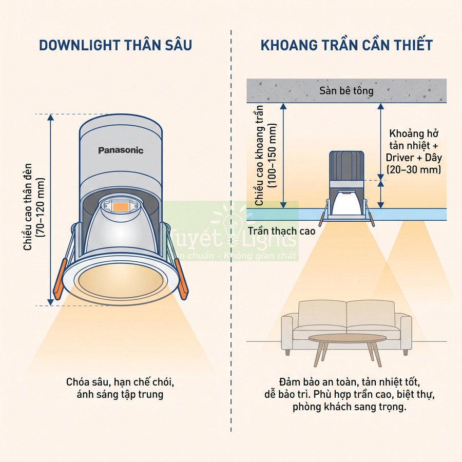 Đèn downlight thân sâu Panasonic lắp trần thạch cao, ánh sáng tập trung, tản nhiệt tốt cho phòng khách cao cấp