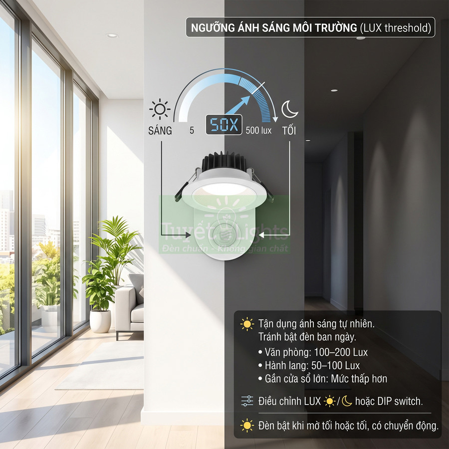 Đèn âm trần cảm biến ánh sáng Turret Lights tự động bật tắt theo ngưỡng LUX trong hành lang và phòng khách