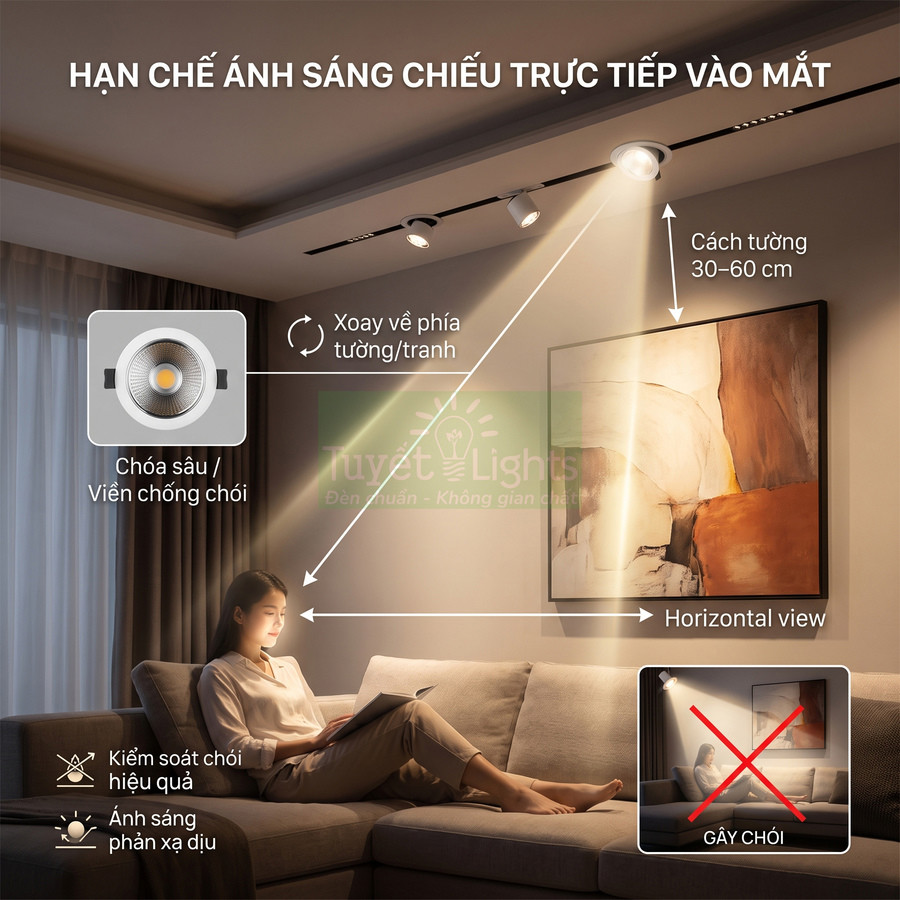 Đèn rọi ray chống chói chiếu tranh tường trong phòng khách, tạo ánh sáng dịu cho người ngồi đọc sách trên sofa