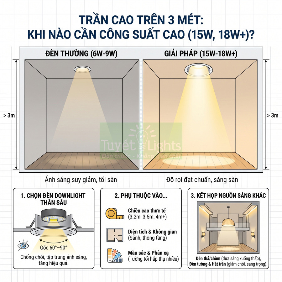 So sánh hiệu quả chiếu sáng đèn downlight thường 6W 9W và đèn downlight công suất cao 15W 18W cho trần trên 3m
