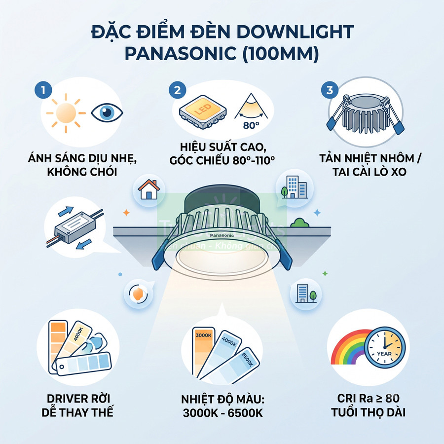 Đèn downlight Panasonic 100mm ánh sáng dịu, góc chiếu rộng, tản nhiệt nhôm, driver rời, nhiệt độ màu 3000K đến 6500K