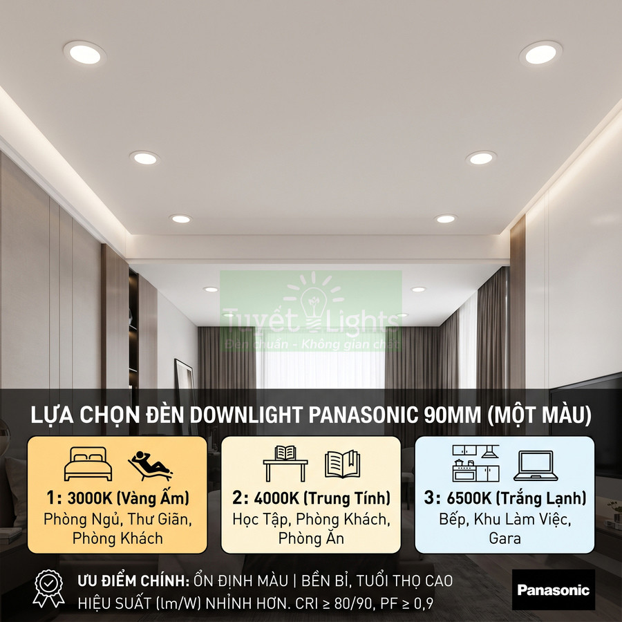 Đèn downlight Panasonic 90mm một màu lắp trần phòng khách hiện đại, ánh sáng LED cho không gian sáng đẹp