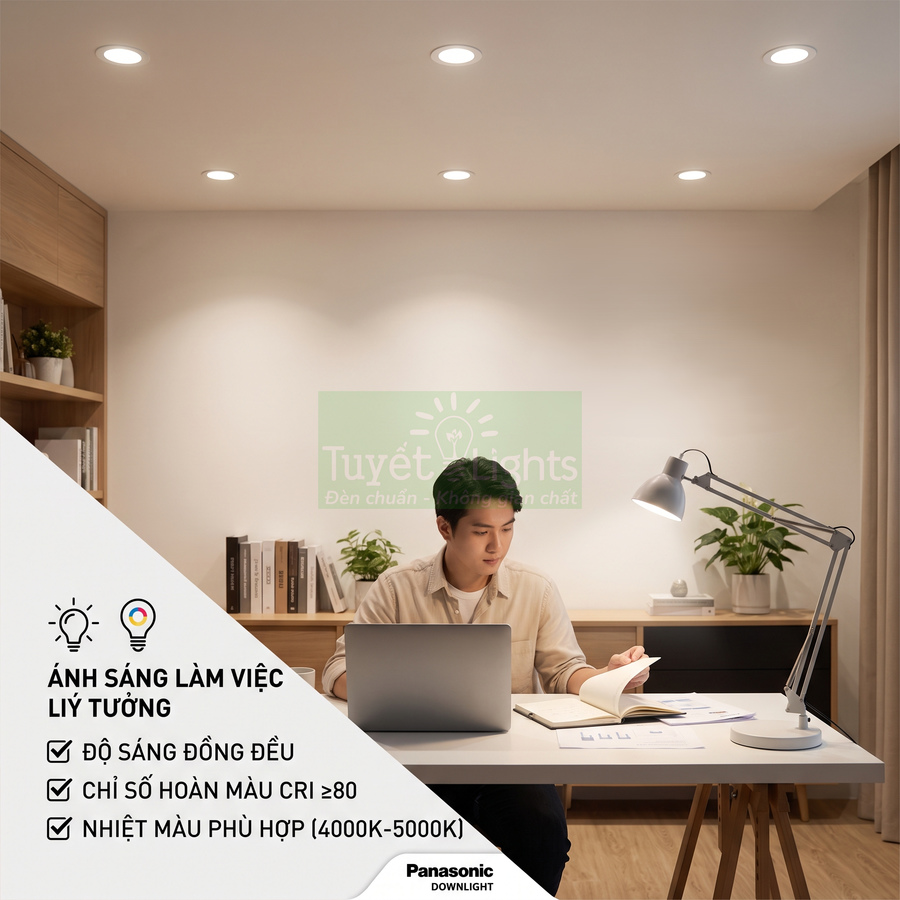 Đèn downlight Panasonic chiếu sáng bàn làm việc với ánh sáng đồng đều cho không gian học tập và làm việc