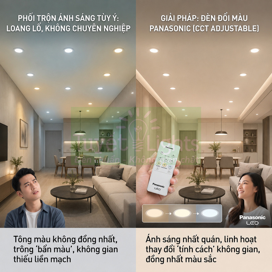 Đèn LED đổi màu Panasonic CCT adjustable với điều khiển từ xa cho ánh sáng đồng nhất trong phòng khách