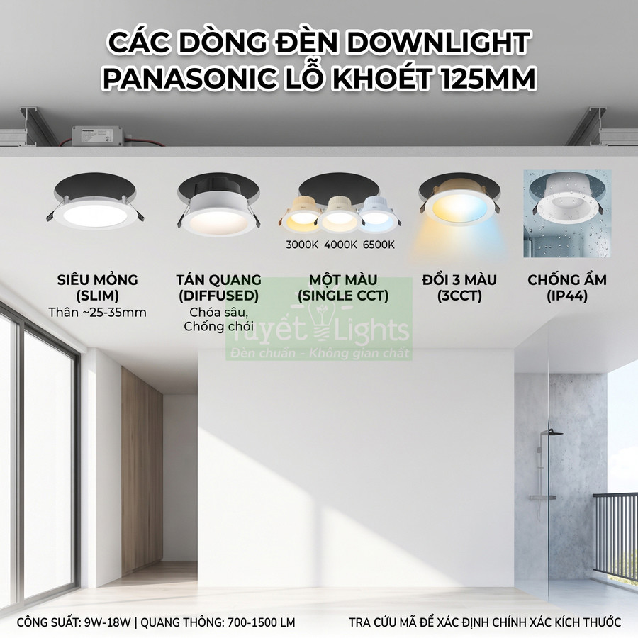 Các mẫu đèn downlight Panasonic lỗ khoét 125mm siêu mỏng, tán quang, đổi màu và chống ẩm lắp trần nhà