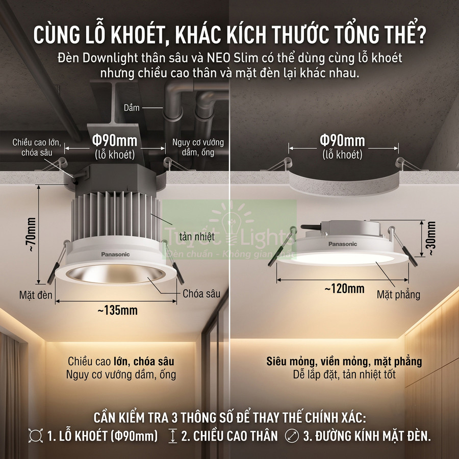 So sánh đèn downlight Panasonic thân sâu và NEO Slim cùng lỗ khoét 90mm lắp âm trần