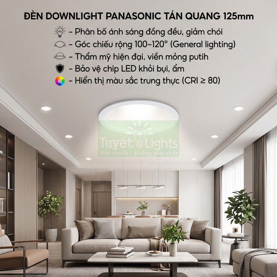 Đèn downlight Panasonic tán quang 125mm lắp trần phòng khách hiện đại, ánh sáng LED dịu và đồng đều