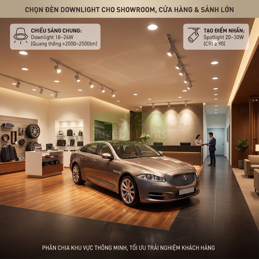 Showroom ô tô cao cấp sử dụng đèn downlight và spotlight LED chiếu sáng khu trưng bày xe và quầy lễ tân