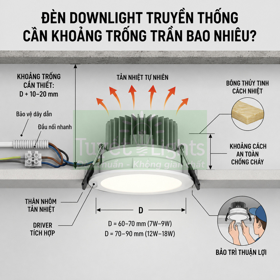 Đèn downlight âm trần truyền thống với thân nhôm tản nhiệt và hướng dẫn khoảng trống trần an toàn