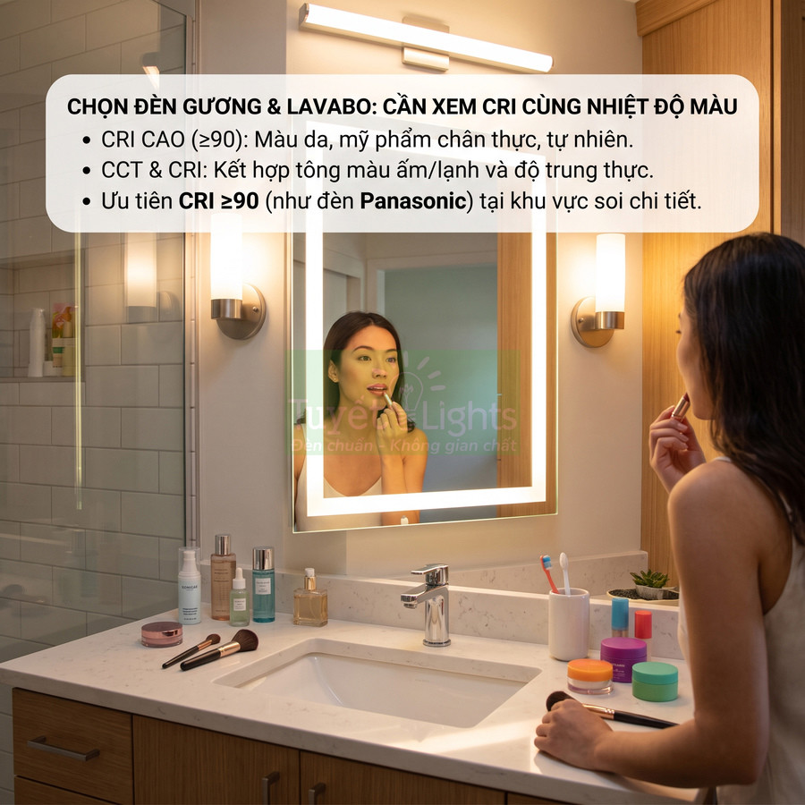 Đèn gương nhà tắm CRI cao Panasonic chiếu sáng khu vực lavabo giúp trang điểm rõ màu da và mỹ phẩm