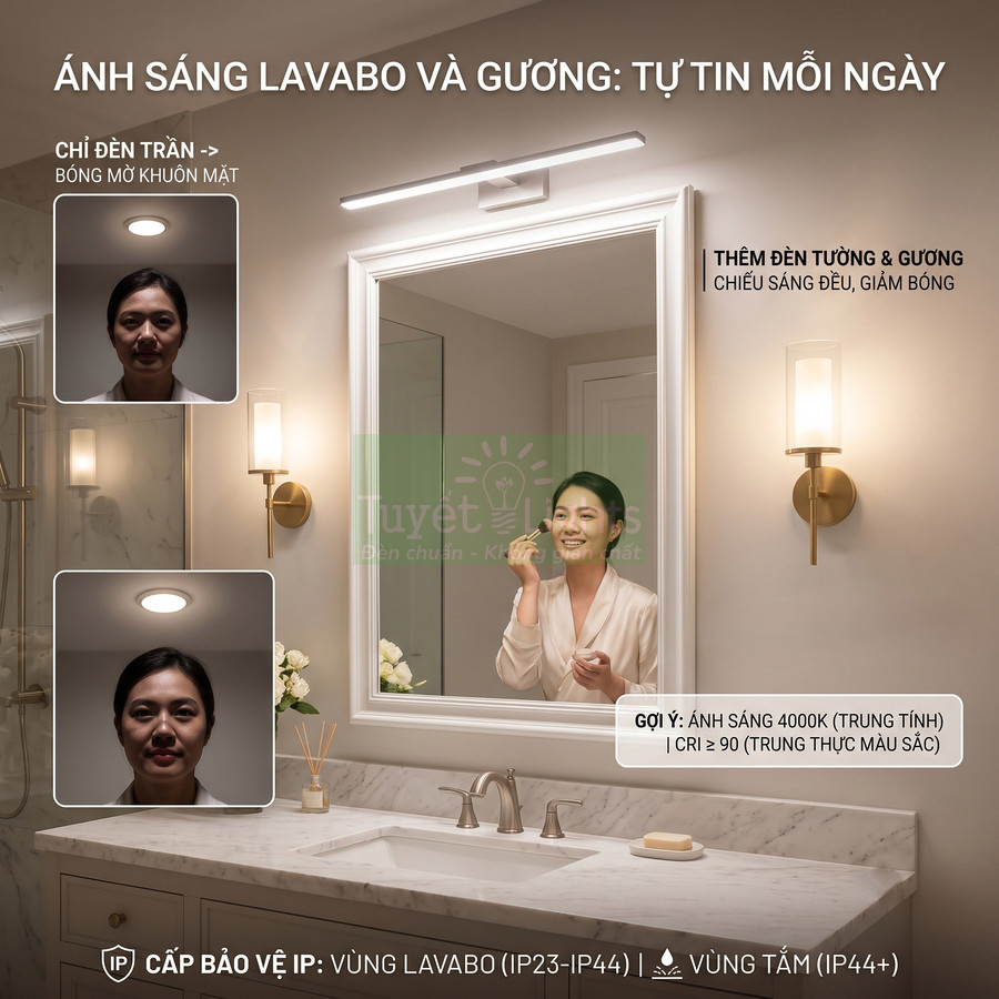 Đèn gương và đèn tường phòng tắm chiếu sáng đều khu vực lavabo, giúp soi gương rõ nét và giảm bóng mặt