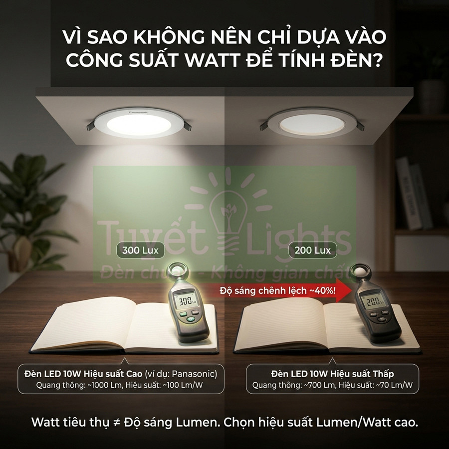 So sánh độ sáng đèn LED âm trần 10W hiệu suất cao và thấp với lux kế đo ánh sáng trên bàn làm việc