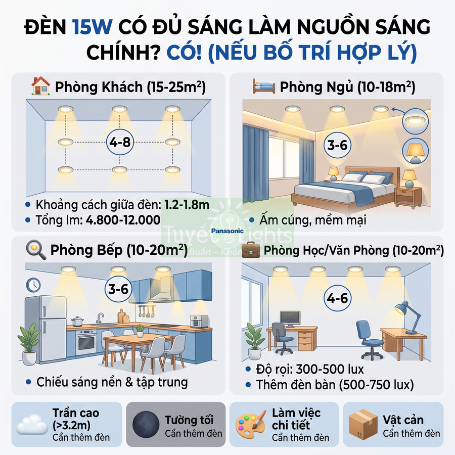 Hướng dẫn bố trí đèn LED 15W Panasonic cho phòng khách, ngủ, bếp và phòng làm việc trong nhà