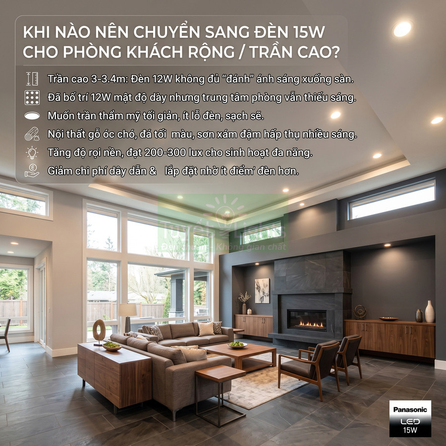 Phòng khách trần cao sử dụng đèn LED Panasonic 15W âm trần chiếu sáng đều, nội thất gỗ hiện đại